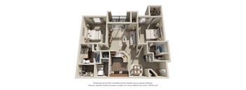 A 3D floor plan of a house with a kitchen, living room, and two bedrooms.