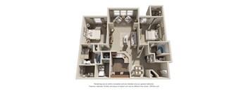 A 3D floor plan of a house with multiple rooms and furniture.