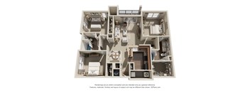 A 3D floor plan of a house with furniture and appliances.