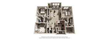 A 3D floor plan of a house with a kitchen, living room, and two bedrooms.