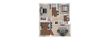A 3D floor plan of a house showing the layout of the rooms.