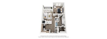 A floor plan of a small apartment with a kitchen, living room, and bathroom.