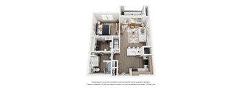 A 3D floor plan of a small apartment with a kitchen, living room, and bedroom.