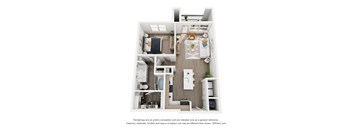 A 3D floor plan of a small apartment with a kitchen, living room, and bathroom.