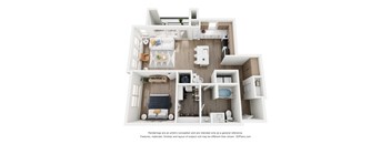 A 3D floor plan of a small apartment with a kitchen, living room, and bedrooms.