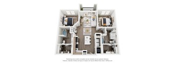A 3D floor plan of a house with a kitchen, living room, and two bedrooms.