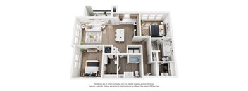 A 3D floor plan of a small apartment with a kitchen, living room, and bathroom.