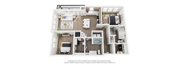 A 3D floor plan of a small apartment with a kitchen, living room, and bedroom.