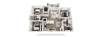 A 3D floor plan of a house with multiple rooms and furniture.