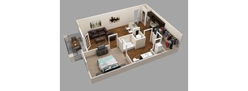 A 3D rendered image of a small apartment layout.