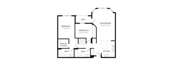 A black and white image of a house floor plan with two bedrooms, a living/dining area, a kitchen, and two bathrooms.