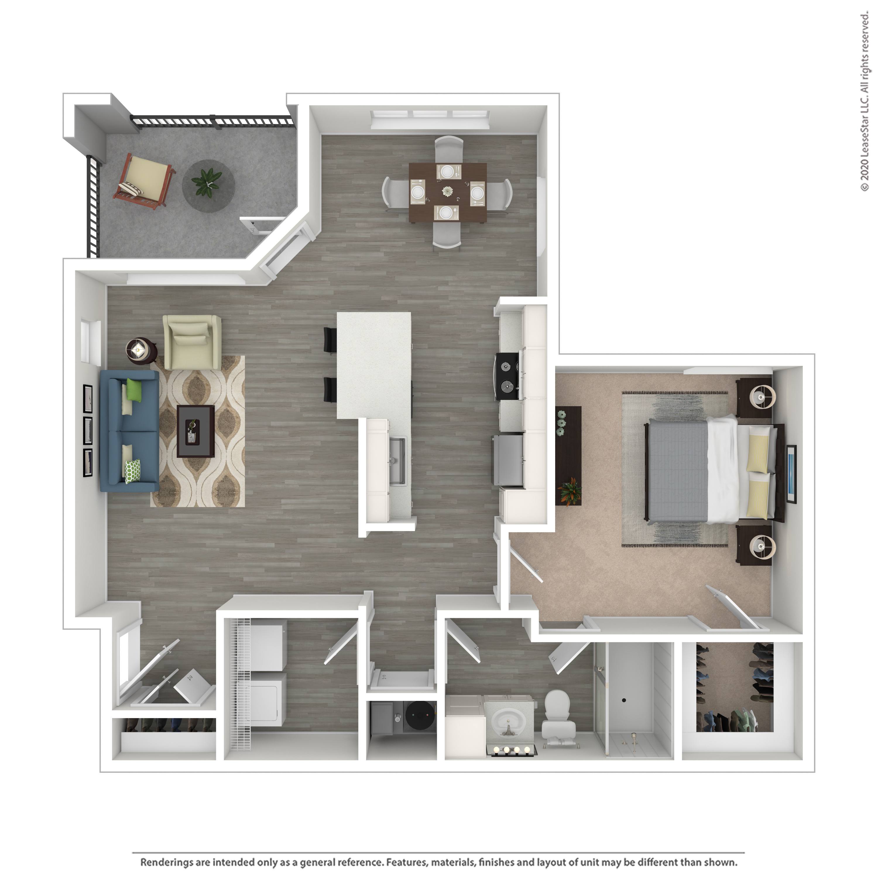 A 3D floor plan of a house with a living room, kitchen, dining room, and bathroom.