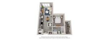 3D rendering of a 1 bedroom, 1 bathroom apartment home