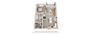 A 3D floor plan of a house with a kitchen, living room, and two bedrooms.