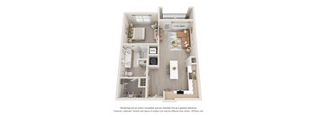 A 3D floor plan of a house with a kitchen, living room, and two bedrooms.