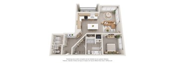 A 3D floor plan of a house with a kitchen, living room, dining room, and two bedrooms.