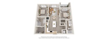A 3D floor plan of a house with a kitchen, living room, and two bedrooms.