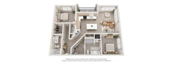A 3D floor plan of a house with a kitchen, living room, and bedrooms.