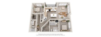 A 3D floor plan of a house with a kitchen, living room, and bedrooms.