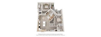 A 3D floor plan of a house with a kitchen, living room, and two bedrooms.