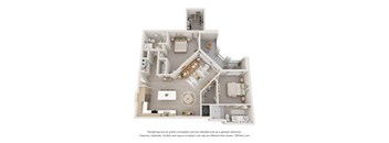 A 3D floor plan of a house with a kitchen, living room, and two bedrooms.