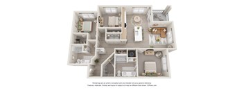 A 3D floor plan of a house with a kitchen, living room, and bedrooms.