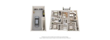 A floor plan of a two-bedroom apartment with a garage for one car.