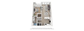A 3D floor plan of a house with a kitchen, living room, and bathroom.