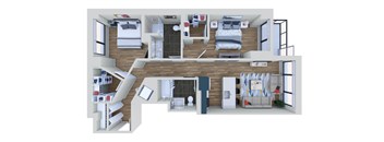 A top-down view of a modern apartment layout.