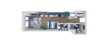 A 3D rendered image of a modern living room.