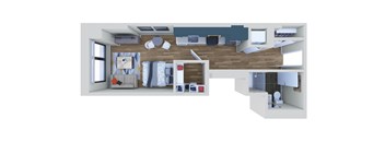 A 3D rendered image of a modern apartment layout.