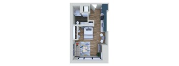 A top down view of a small apartment with a kitchen, living room, and bedroom.