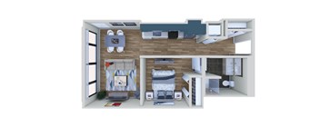 A 3D rendered image of a modern bedroom with a bed, desk, and chair.