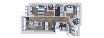 A 3D rendered image of a modern apartment layout.