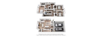 A 3D floor plan of a house with two bedrooms, two bathrooms, a living room, a kitchen, and a garage.