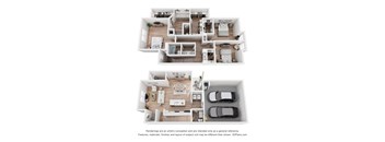 A floor plan of a two-story house with two bedrooms, two bathrooms, a living room, a kitchen, and a garage.