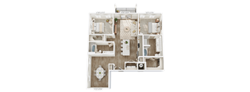 A floor plan of a house with a living room, kitchen, dining room, and bathrooms.
