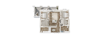 A floor plan of a house with three bedrooms, two bathrooms, a living room, and a kitchen.