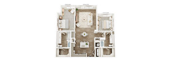 A floor plan of a two-bedroom apartment with a living room, kitchen, and bathroom.