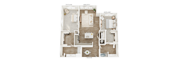 A detailed floor plan of a two-bedroom apartment with a living room, kitchen, and bathroom.