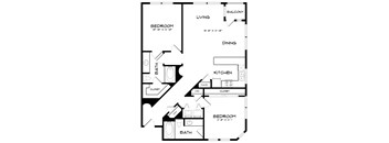 A black and white image of a house floor plan with a living room, dining room, kitchen, two bedrooms, two bathrooms, and a balcony.