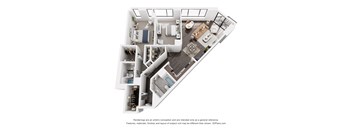 A 3D floor plan of a house with a kitchen, living room, and bathrooms.