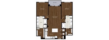 A floor plan of a house with two bedrooms, a living area, a kitchen, and a bathroom.