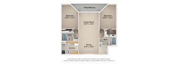 A diagram of a house layout with two bedrooms, a living room, a dining room, a kitchen, and two bathrooms.