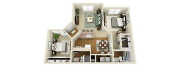 a 3d rendering of a room with a bedroom and a living room