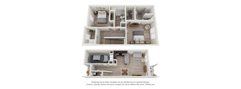 A 3D floor plan of a two-bedroom apartment with a living room, kitchen, and bathroom.