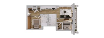 A 3D floor plan of a house showing a living room, kitchen, and two bedrooms.