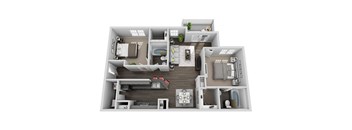 A floor plan of a house with a kitchen, living room, and two bedrooms.