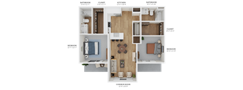 A floor plan of a house with a living room, dining room, kitchen, and three bedrooms.