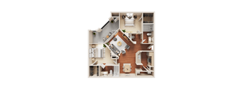 A top-down view of a small apartment with a kitchen, living room, and bathroom.